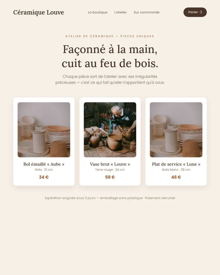 Création de boutique en ligne pour créatrice — maquette ClariStudio